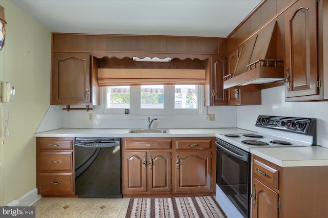 kitchen with electric stove, black dishwasher, light countertops, custom range hood, and a sink