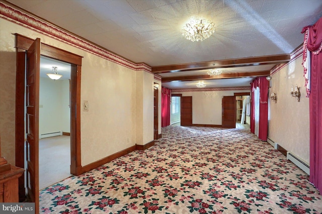 hallway featuring ornamental molding, a baseboard radiator, carpet floors, and baseboard heating