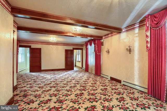 carpeted empty room with baseboard heating, beamed ceiling, a baseboard radiator, and baseboards