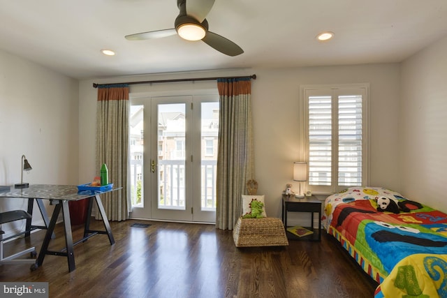 bedroom with ceiling fan, access to outside, and dark hardwood / wood-style flooring