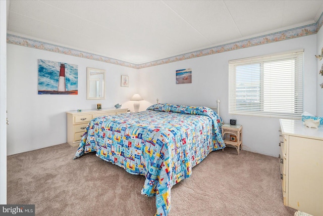 bedroom with light colored carpet