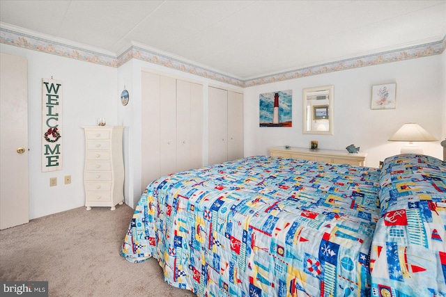 bedroom featuring carpet flooring and ornamental molding