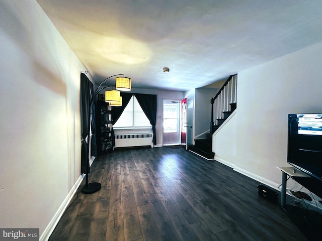 foyer entrance featuring dark hardwood / wood-style floors and radiator