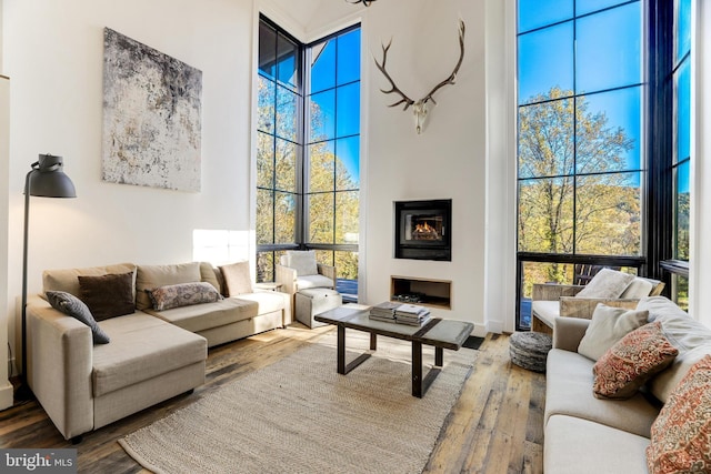 living area with expansive windows, a high ceiling, a fireplace, and hardwood / wood-style floors