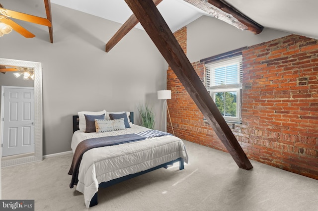 bedroom featuring vaulted ceiling with beams, ceiling fan, light colored carpet, and brick wall