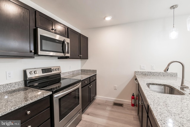 kitchen featuring baseboards, light wood finished floors, visible vents, a sink, and stainless steel appliances