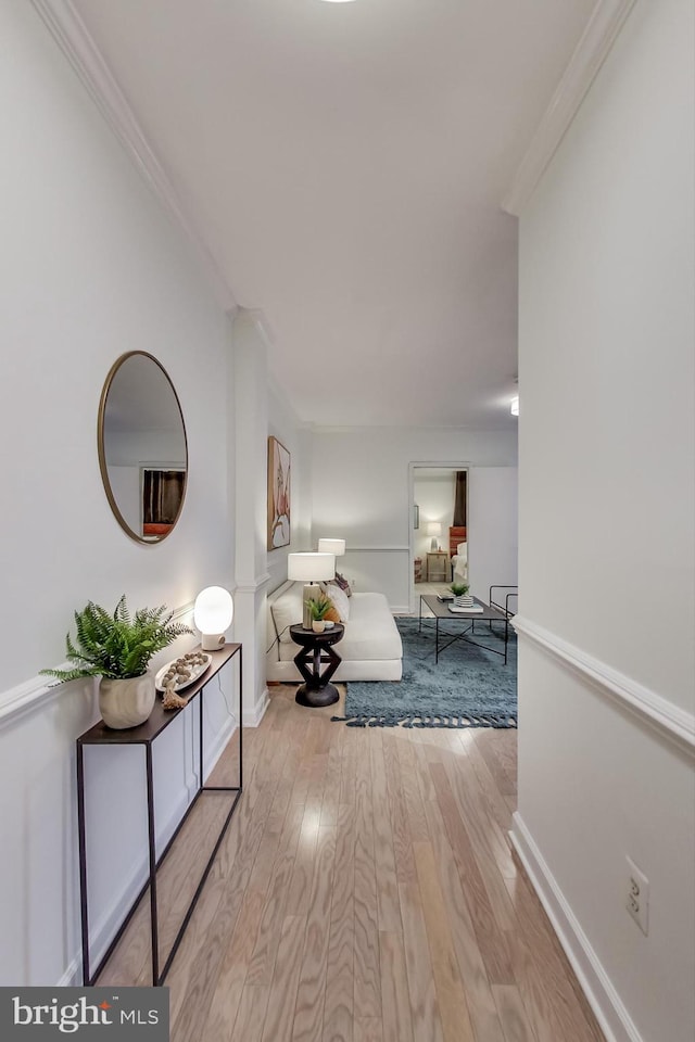 hallway featuring crown molding and light wood-type flooring