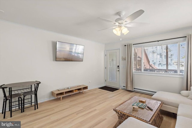 living room with ornamental molding, a baseboard radiator, light hardwood / wood-style floors, and ceiling fan