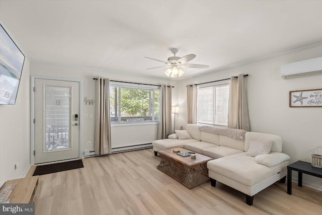 living room with light hardwood / wood-style floors, a wall mounted AC, ornamental molding, and ceiling fan