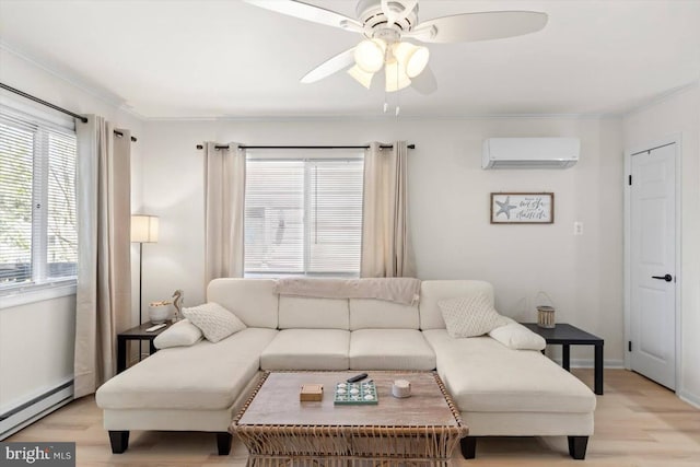 living room featuring a wall unit AC, a baseboard heating unit, ceiling fan, ornamental molding, and light hardwood / wood-style floors