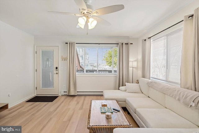 2803 Gull Way Unit B01, Ocean City, MD 21842 - living room featuring baseboard heating, light wood-type flooring, ceiling fan, and baseboards