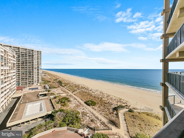 view of water feature with a beach view