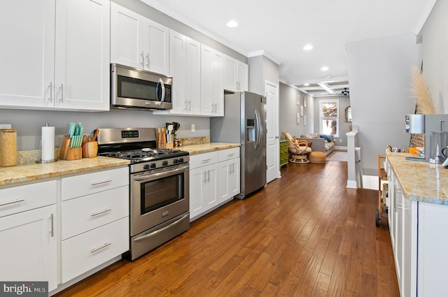 kitchen with dark hardwood / wood-style floors, stainless steel appliances, crown molding, light stone countertops, and white cabinetry