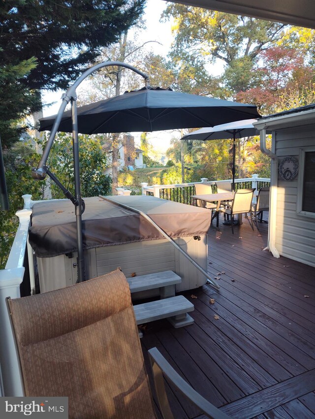 396 Laurel Trl, Crownsville, MD 21032 - wooden terrace with outdoor dining area and a hot tub
