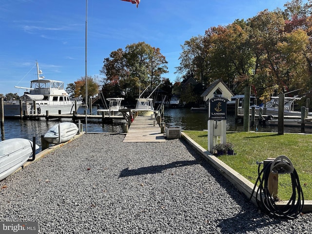 dock area featuring a water view and a lawn