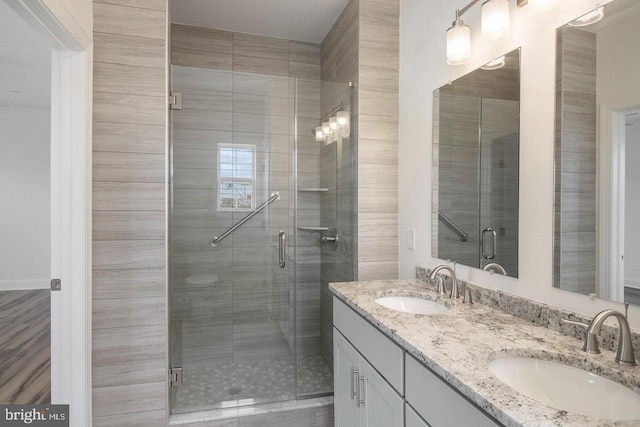 bathroom featuring vanity and an enclosed shower