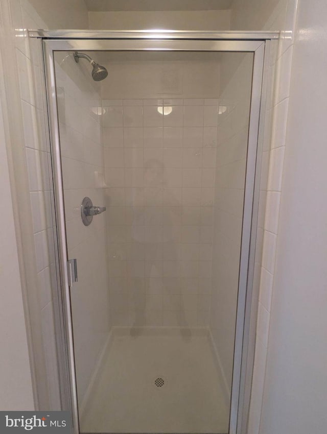 bathroom featuring a shower with door