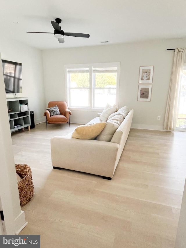 living room with ceiling fan and light wood-type flooring