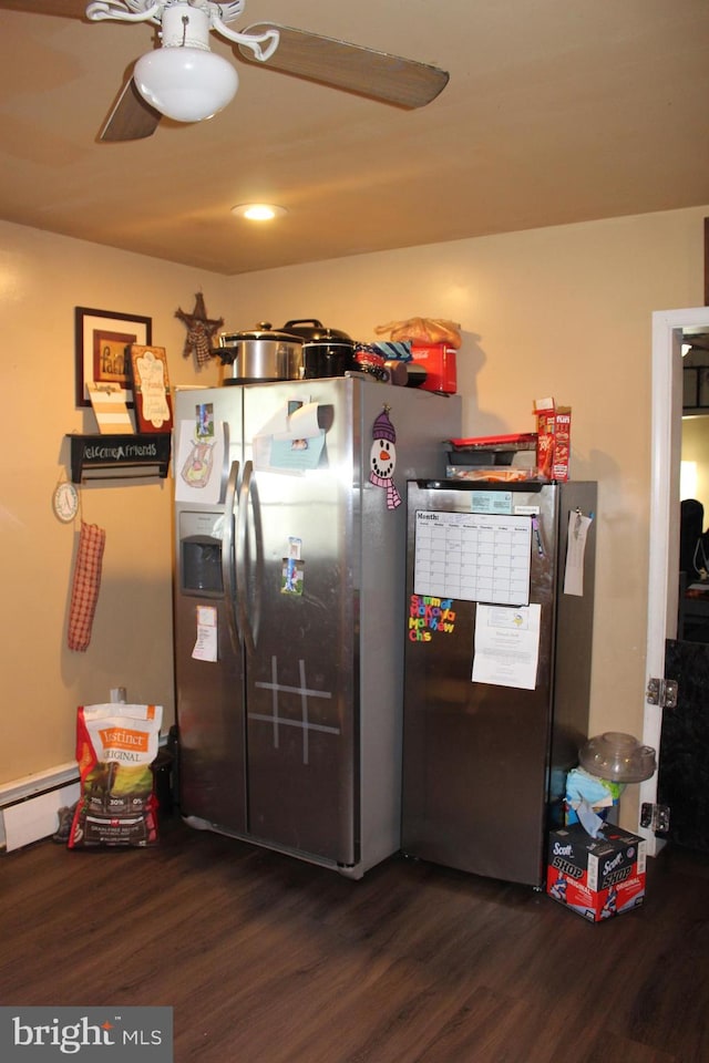 kitchen with stainless steel refrigerator with ice dispenser, baseboard heating, ceiling fan, and dark hardwood / wood-style flooring