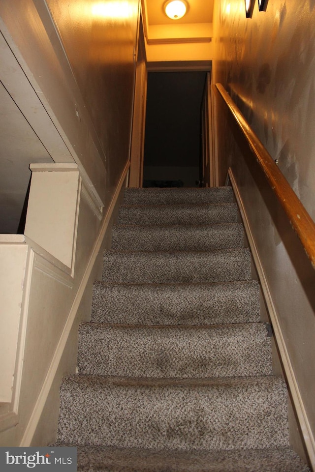 staircase with wooden walls