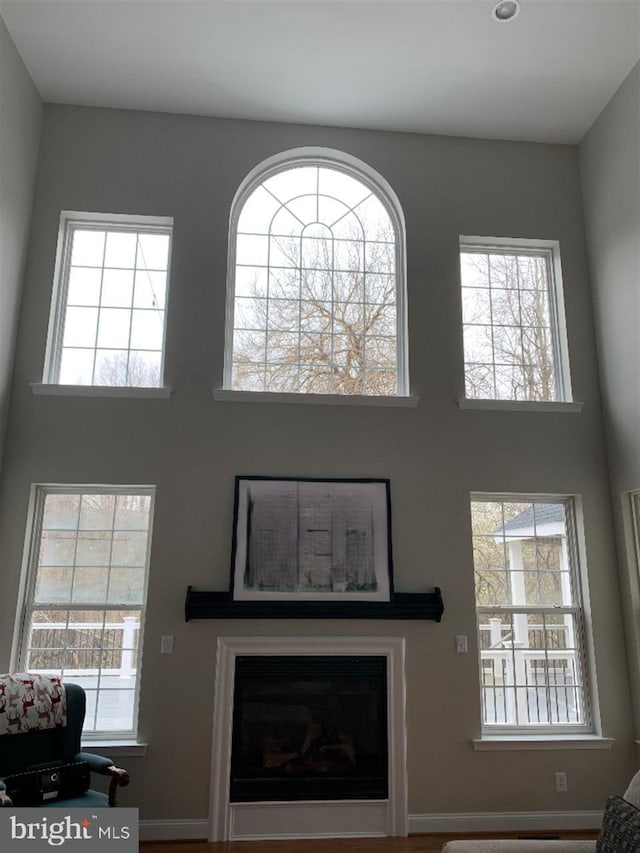 living room with a high ceiling and plenty of natural light