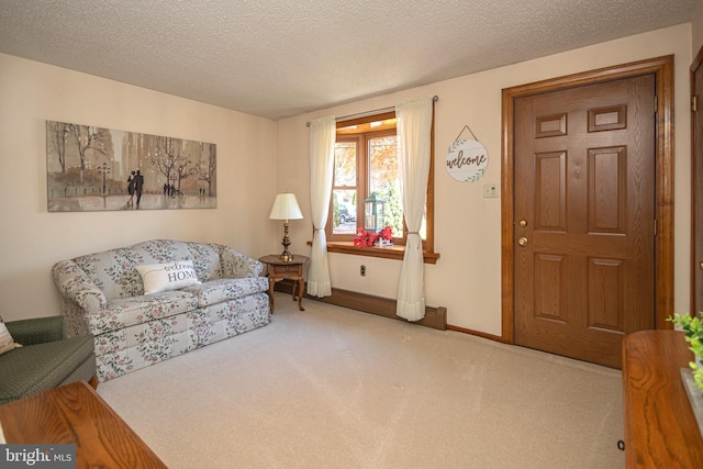 living room with a textured ceiling and carpet