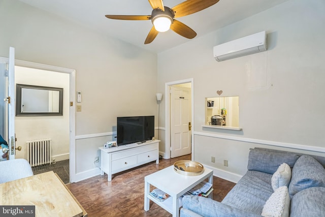 living room with ceiling fan, radiator heating unit, a wall mounted air conditioner, and dark hardwood / wood-style floors