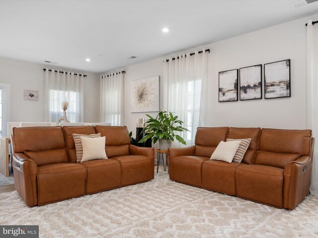 living room featuring light carpet