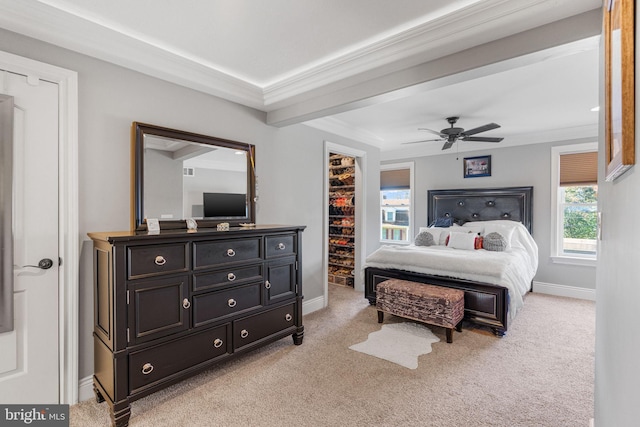 carpeted bedroom with a spacious closet, ceiling fan, and crown molding