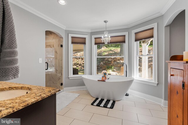 bathroom featuring vanity, ornamental molding, tile patterned floors, and separate shower and tub