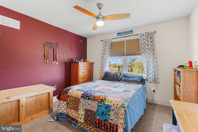 carpeted bedroom with ceiling fan