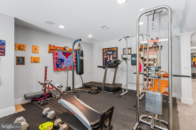 workout area with ornate columns