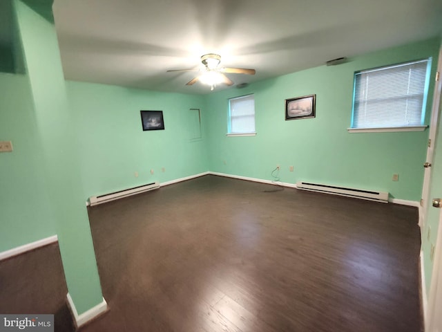 spare room featuring dark hardwood / wood-style floors, ceiling fan, and a baseboard heating unit