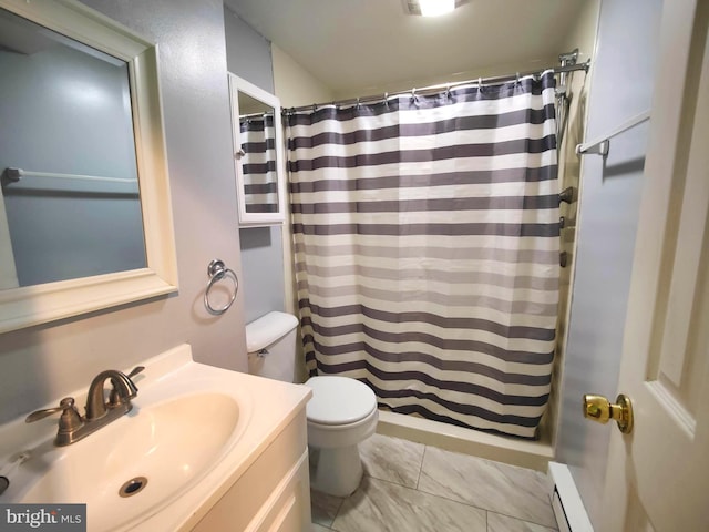 bathroom with curtained shower, toilet, vanity, and a baseboard heating unit