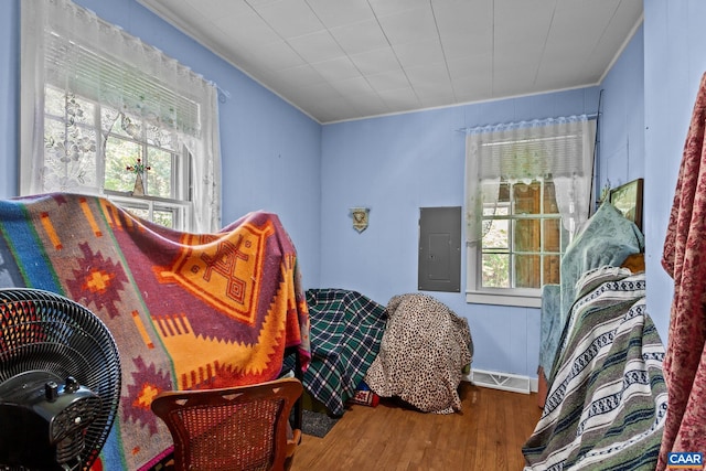 sitting room with electric panel, wood-type flooring, a wealth of natural light, and ornamental molding