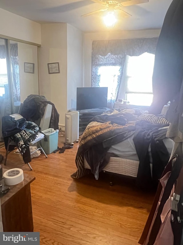 bedroom featuring wood-type flooring and ceiling fan