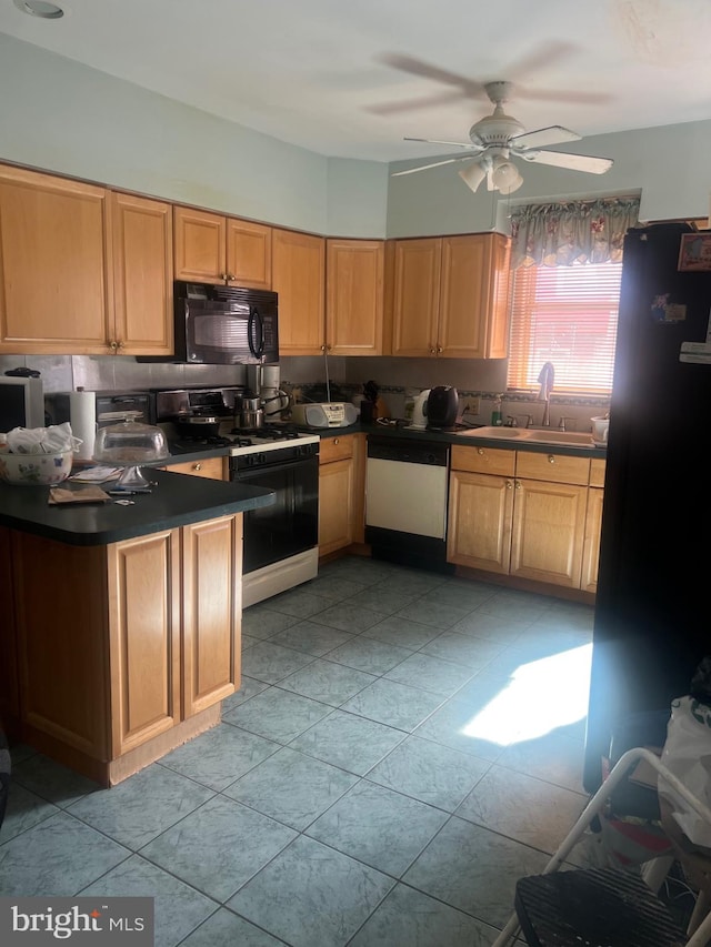 kitchen with white appliances, ceiling fan, sink, and light tile patterned floors