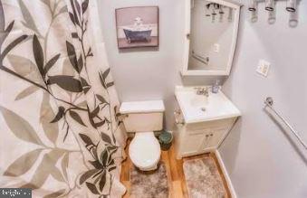 bathroom with toilet, wood finished floors, and vanity