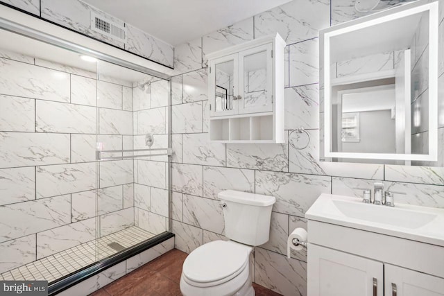 bathroom featuring walk in shower, tile walls, toilet, and a baseboard radiator