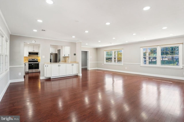 unfurnished living room with dark hardwood / wood-style floors and crown molding