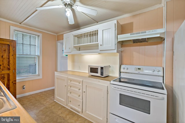 kitchen with white appliances, ceiling fan, ornamental molding, and white cabinets