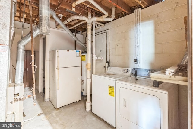 clothes washing area featuring water heater and independent washer and dryer