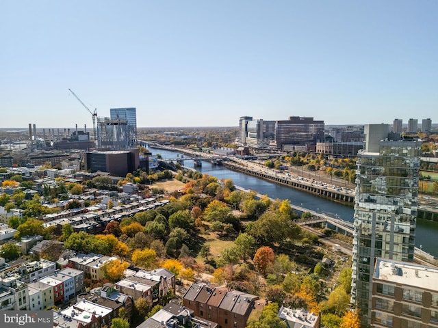 drone / aerial view with a water view