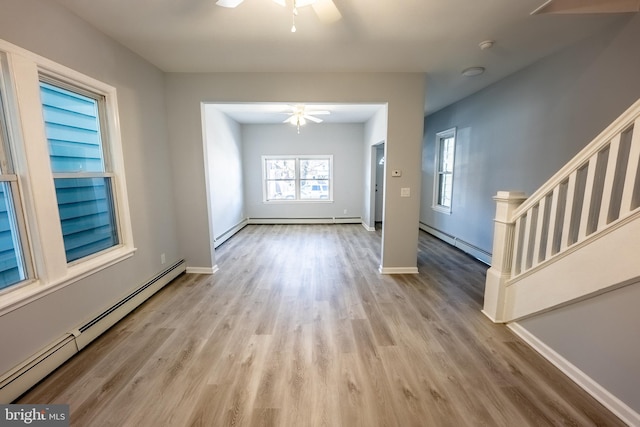 unfurnished living room with light hardwood / wood-style floors, a baseboard heating unit, and ceiling fan