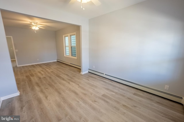 empty room with light wood-type flooring, baseboard heating, and ceiling fan