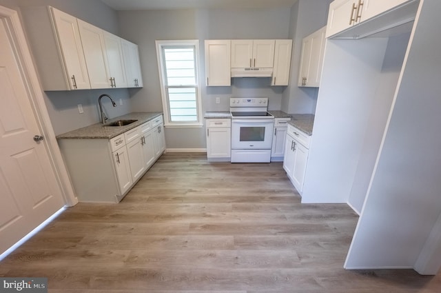 kitchen featuring sink, white cabinetry, light hardwood / wood-style floors, and electric stove