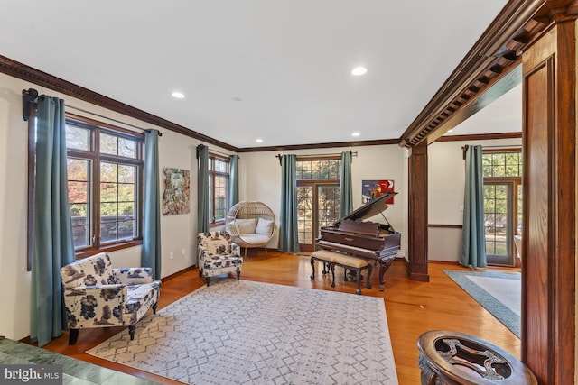 sitting room featuring ornamental molding, hardwood / wood-style floors, and a healthy amount of sunlight