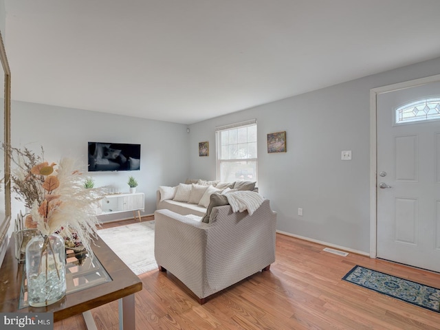 living room with baseboards and light wood finished floors