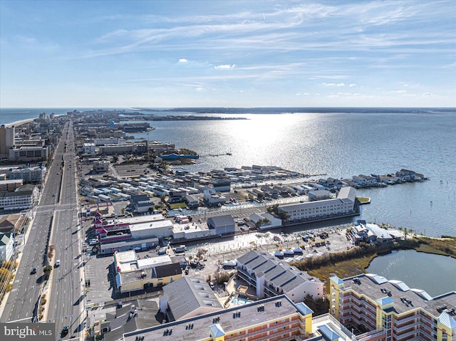 drone / aerial view featuring a water view