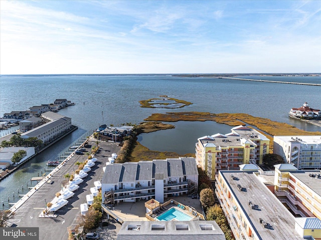 drone / aerial view featuring a water view